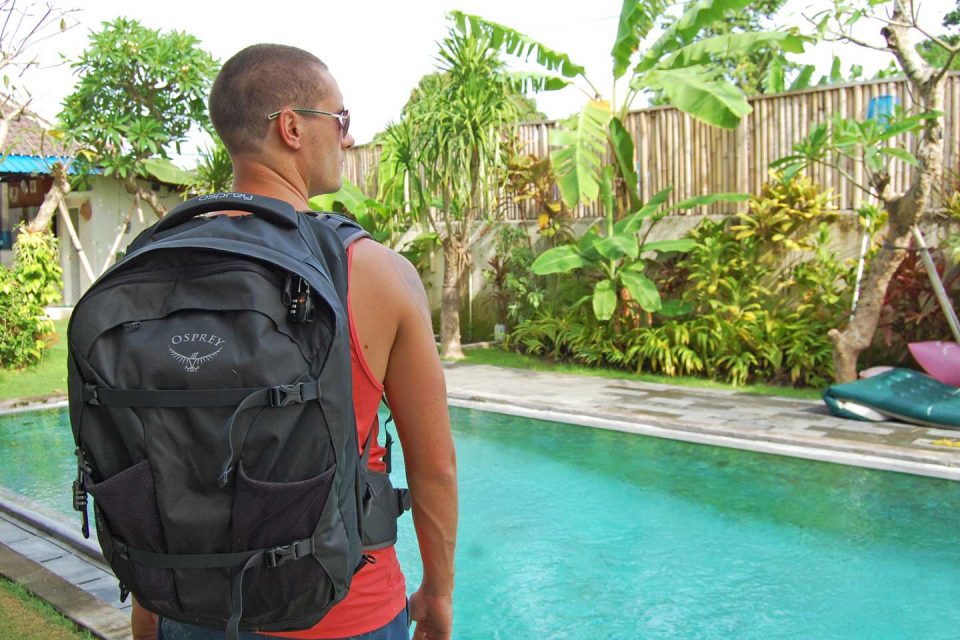 Tom wearing the Osprey Farpoint backpack