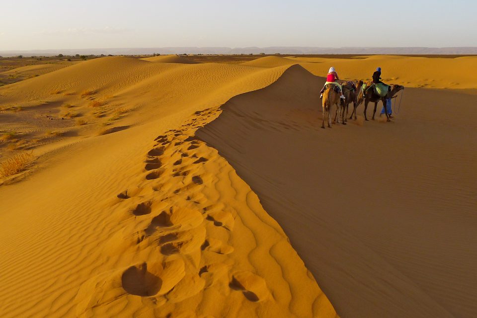 Two people on camels in Moroccan desert