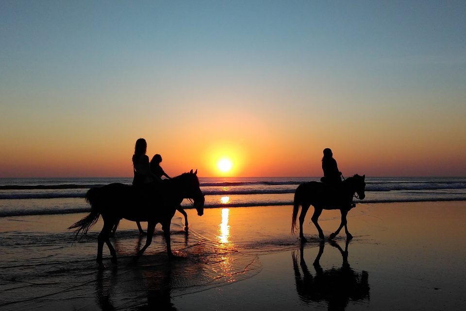 3 people on horseback on beach