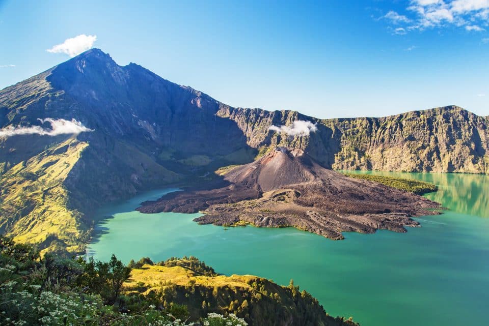 View of Segara Anak crater lake, Mount Rinjani, Lombok, Indonesia