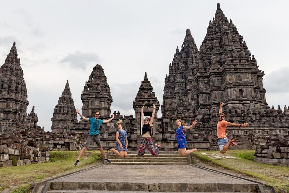 Jumping in front of Prambanan temple, Indonesia
