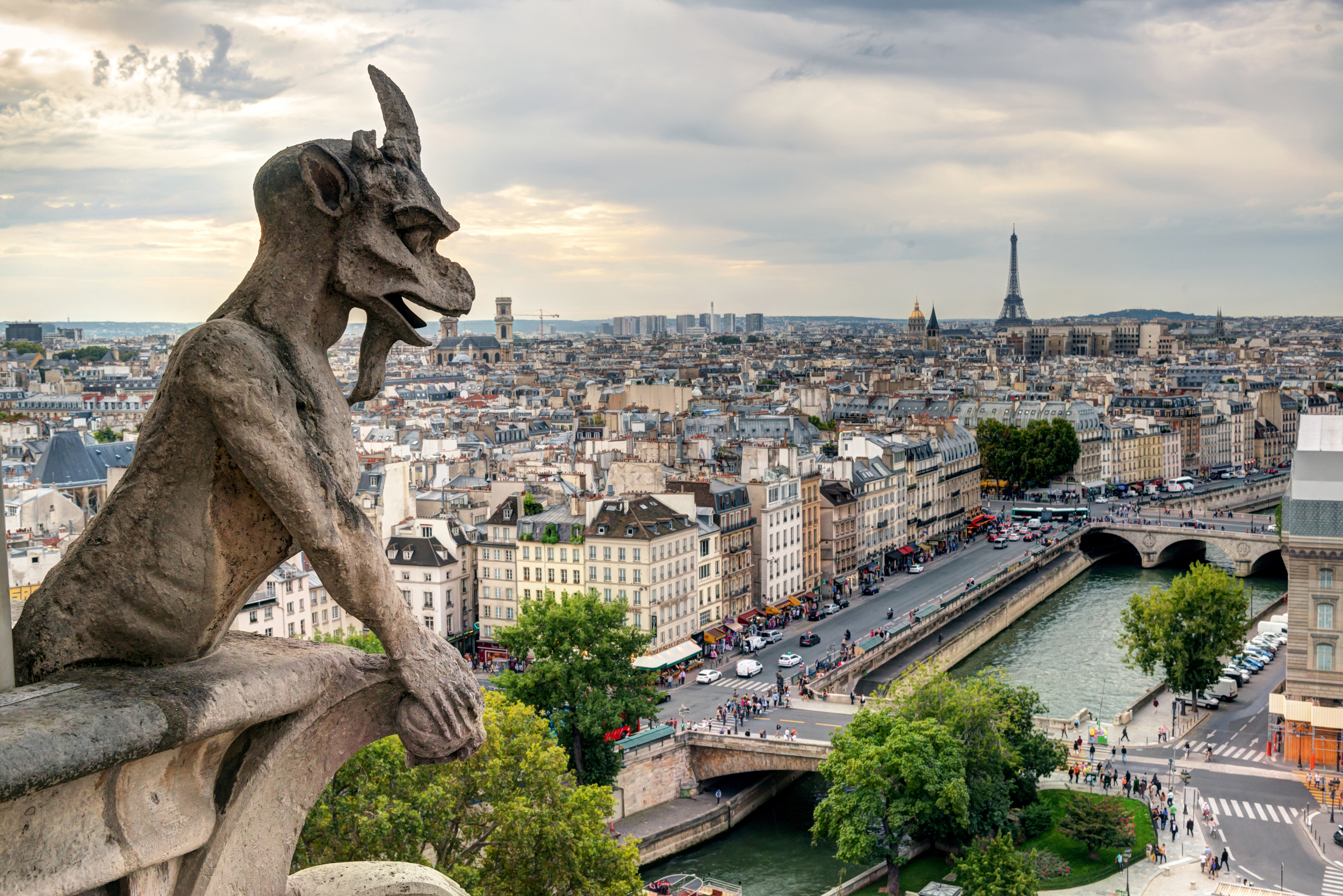 A gargoyle overlooking the River Seine and city