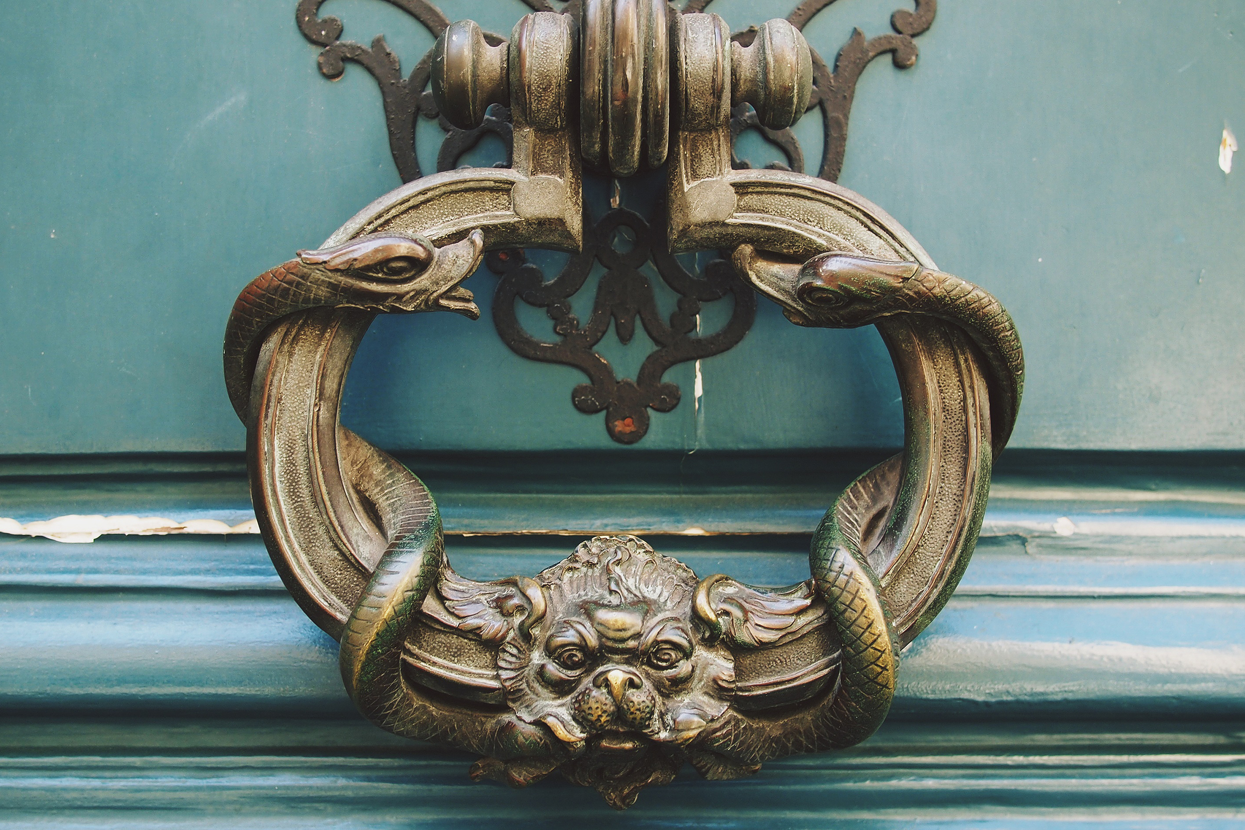 Close up of a brass door knocker