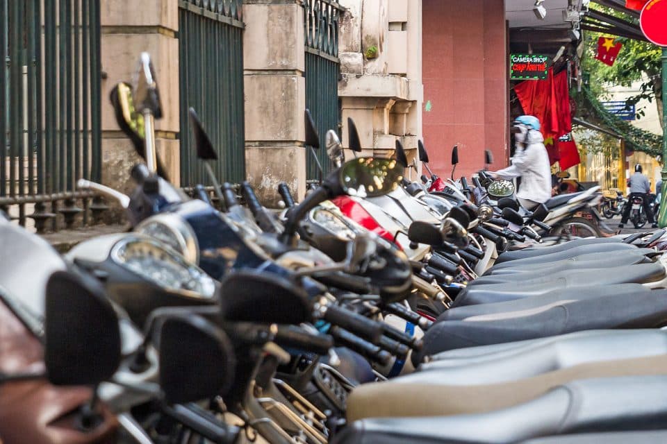 A row of parked motorbikes