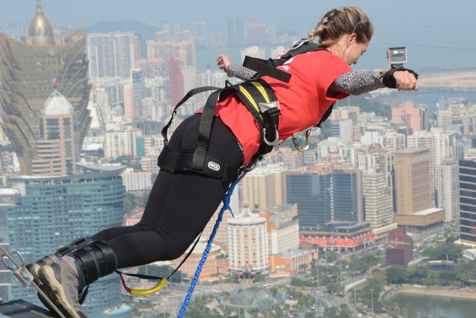 Girl bungee jumps from top of Macau Tower