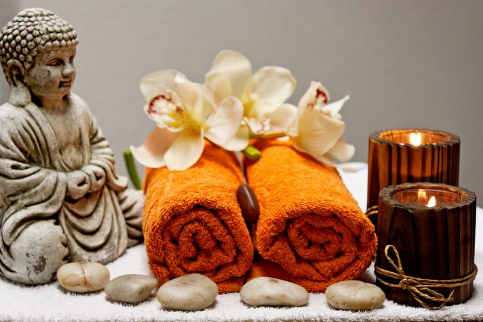 Spa accessories with buddha, flannels and candles