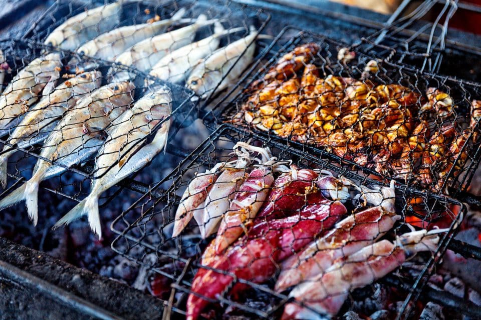fish and squid on the grill