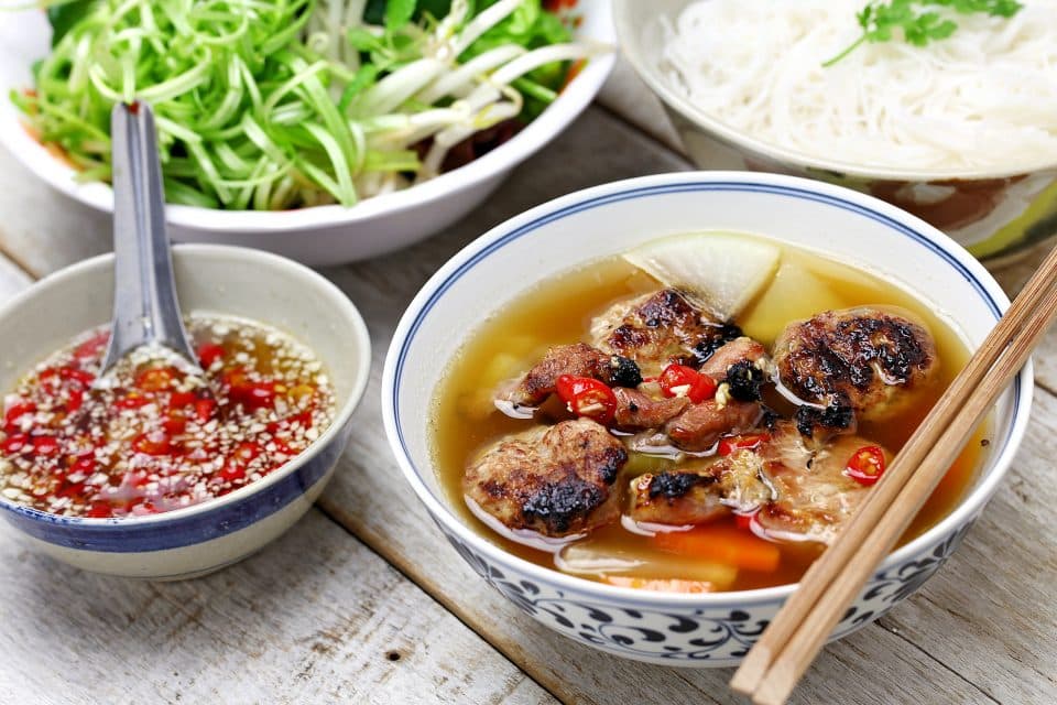 Bowls of traditional vietnamese food
