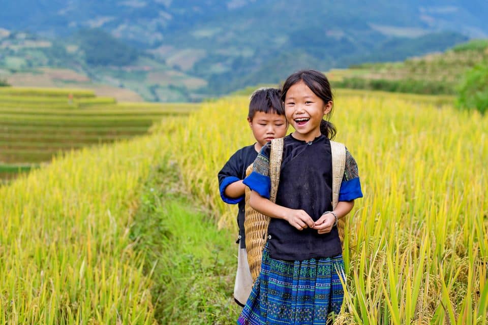 Children in a field in Vietnam