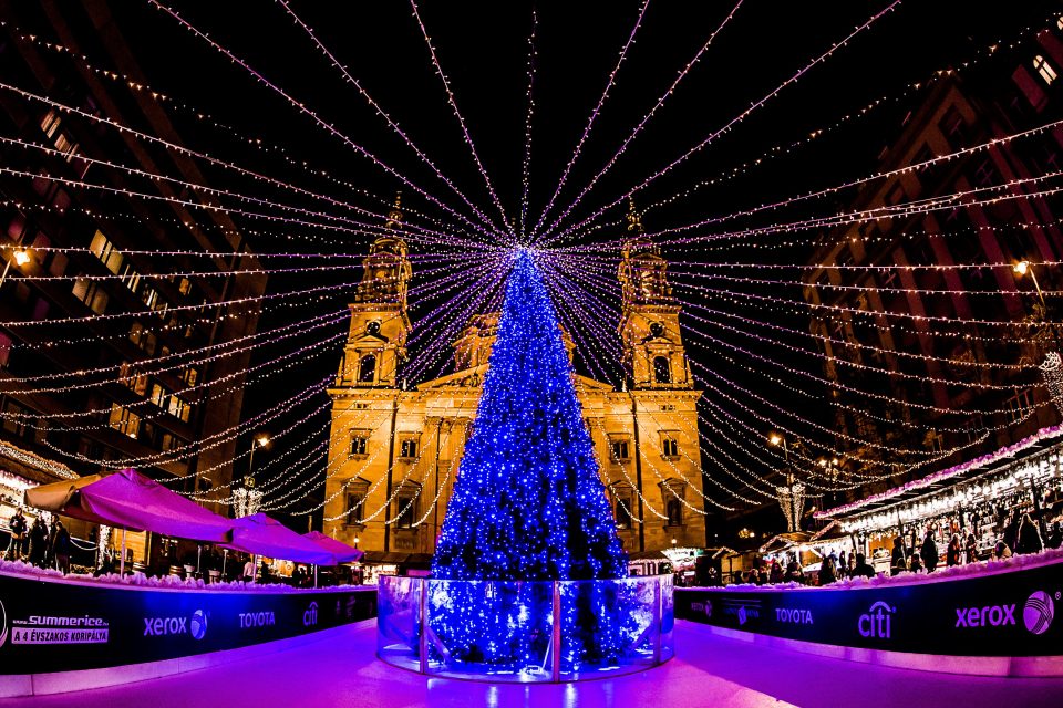 A christmas tree and ice rink lit up at night