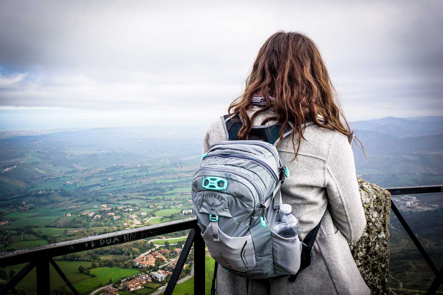 Writer Becky Rogers wearing her Osprey backpack
