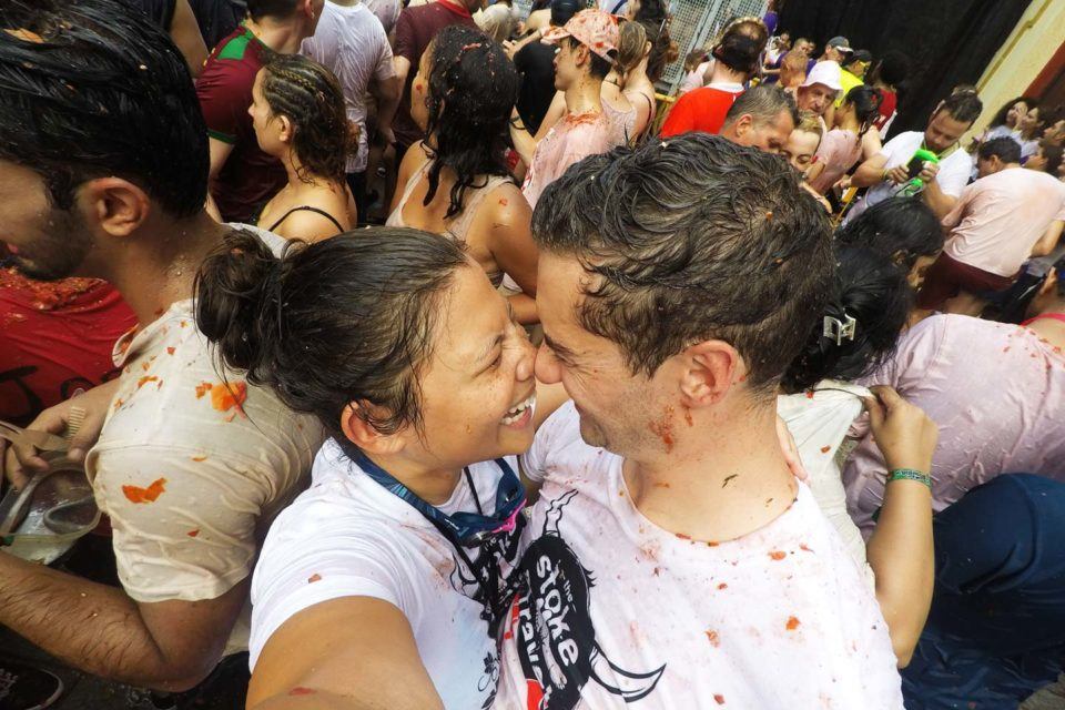 Tom and Anna at la tomatina festival in spain