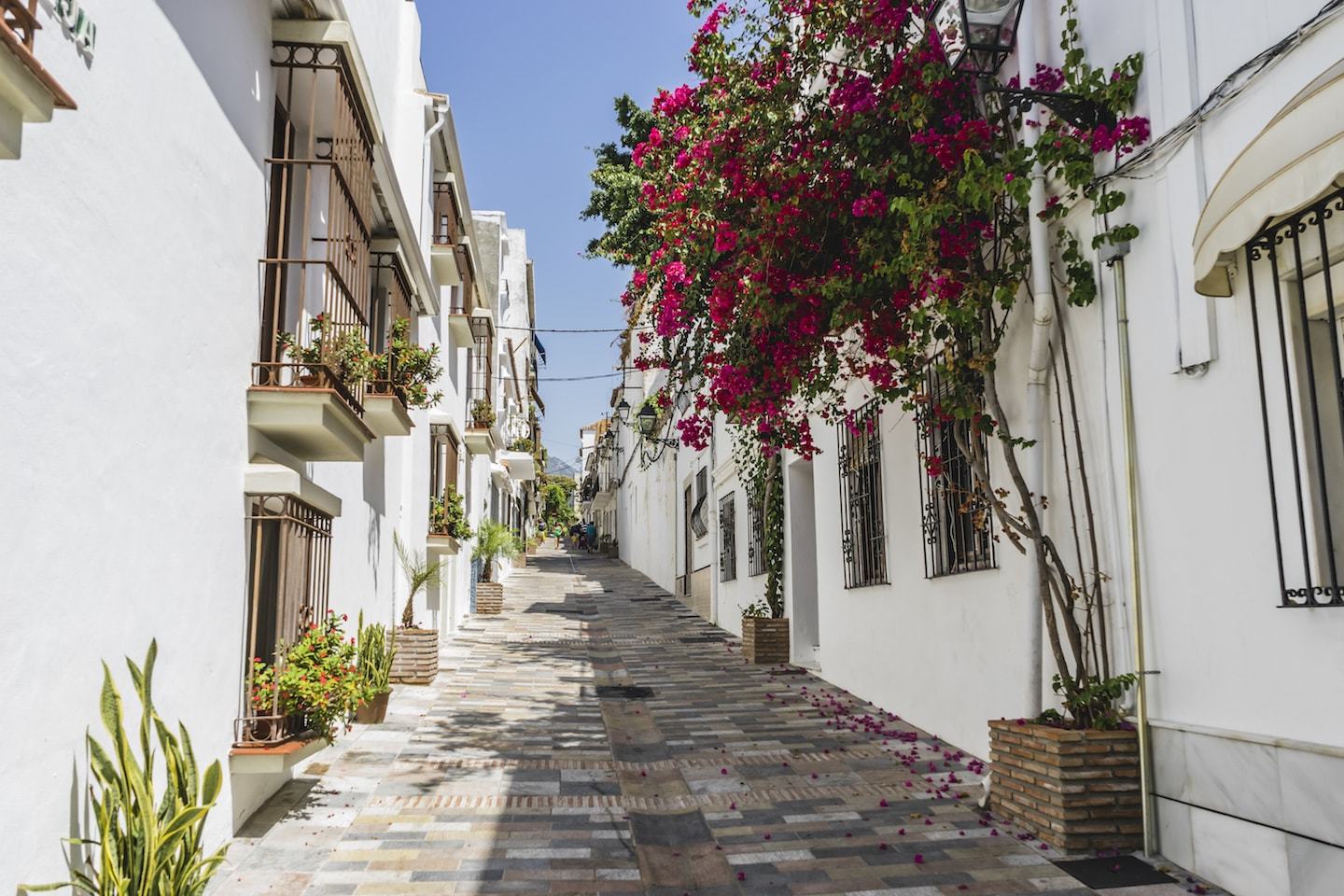 cobblestone streets with white buildings and flowers in marbella spain