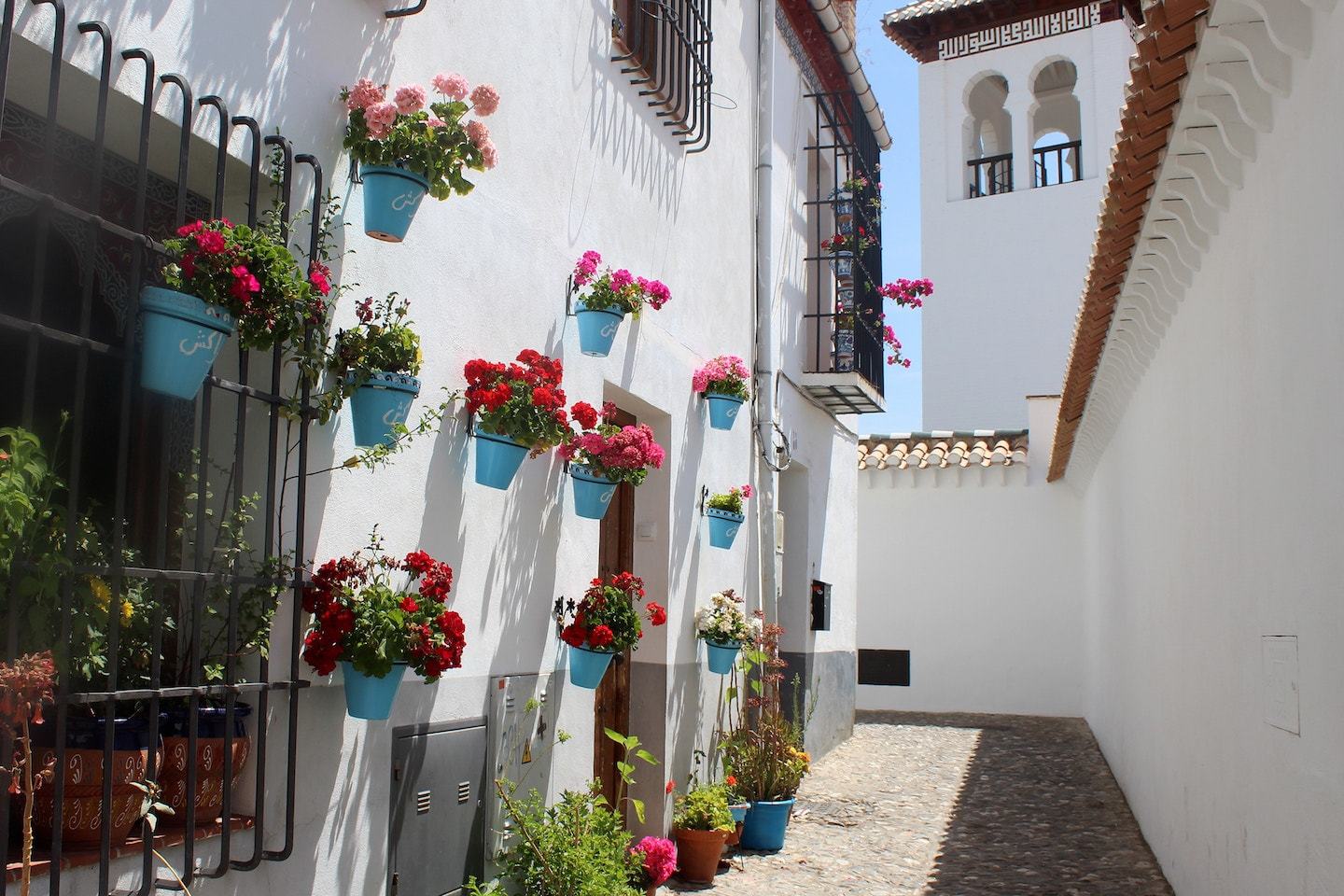 white buildings, narrow street and flower pot on walls