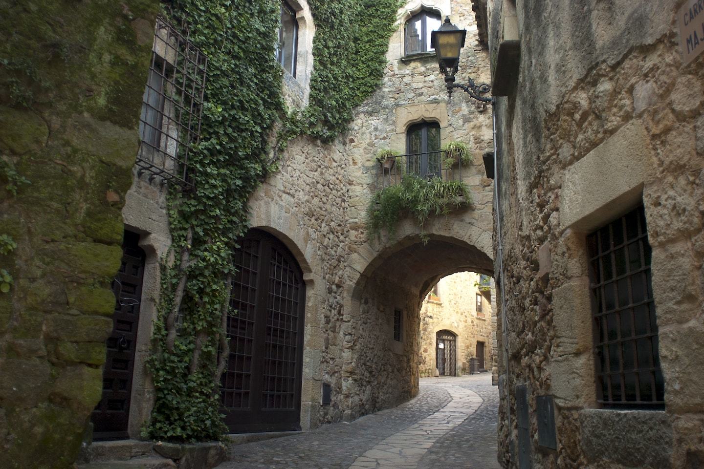 medieval stone buildings with archway and ivy