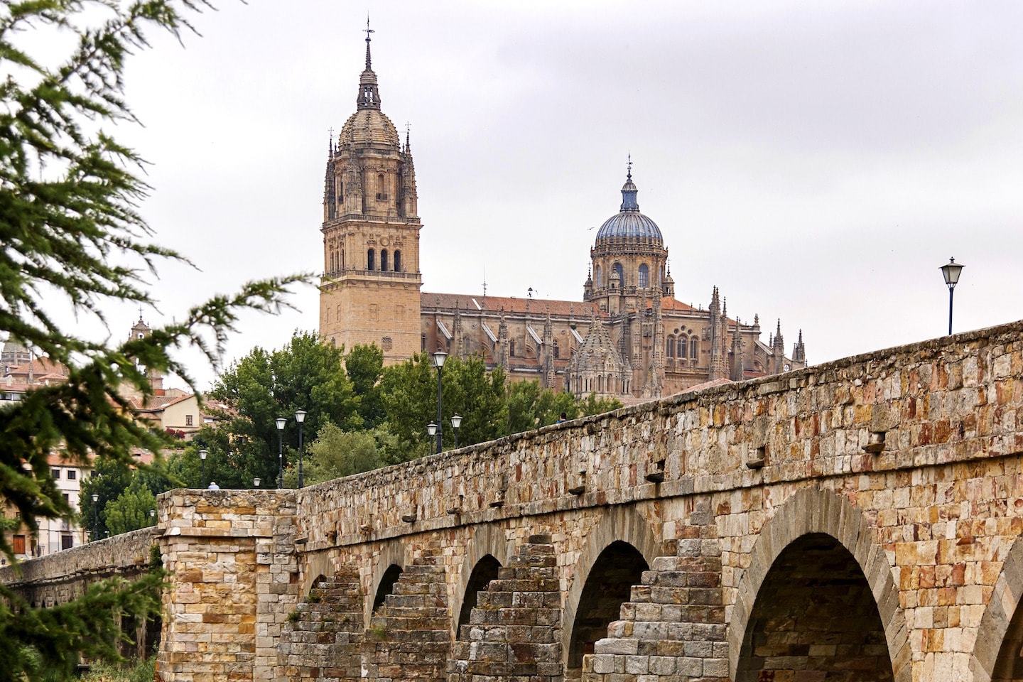 large bridge in front of cathedral and other old buildings in salamanca spain