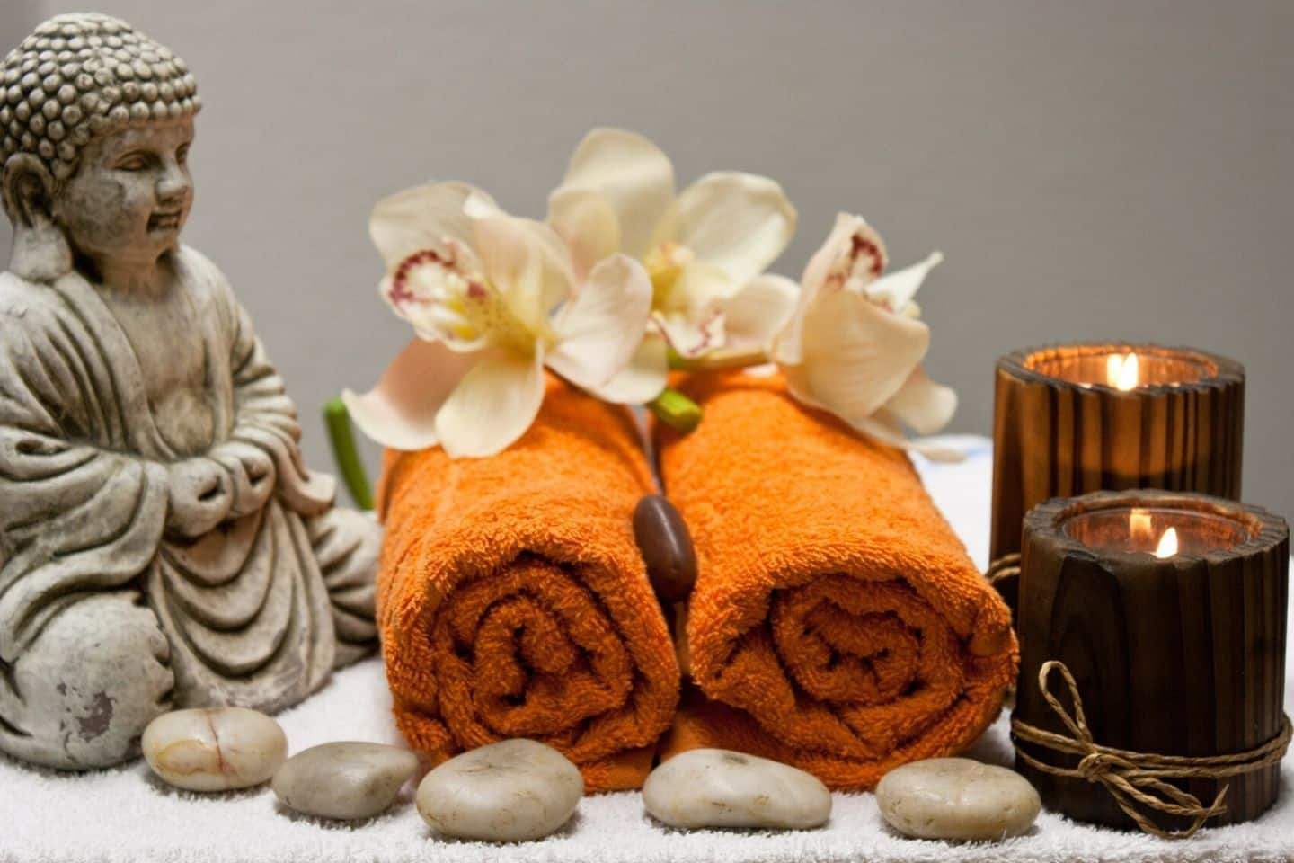 towels and candles in a spa