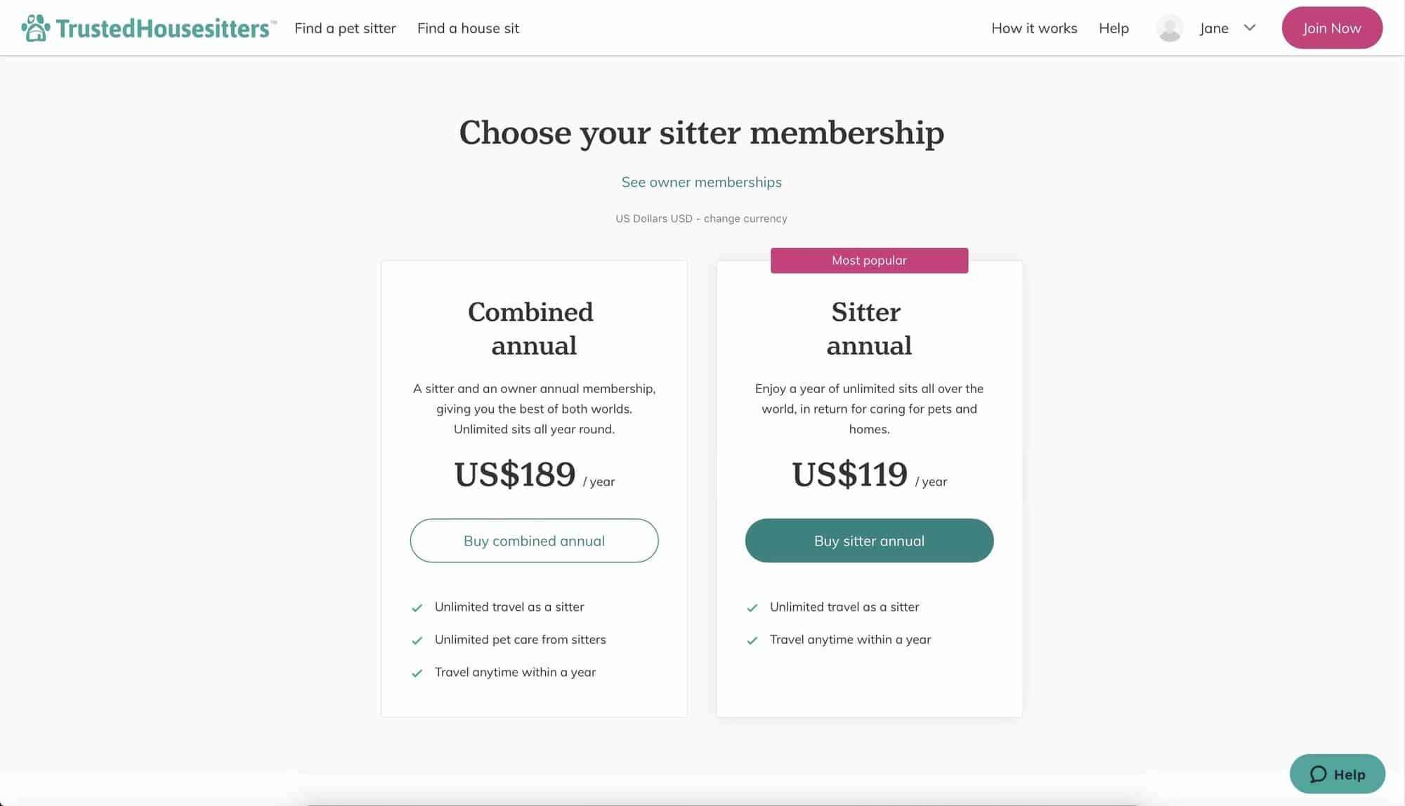 screen shot of Trustedhousesitters membership options
