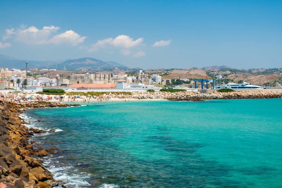 View of Tarifa beach, ocean and city behind