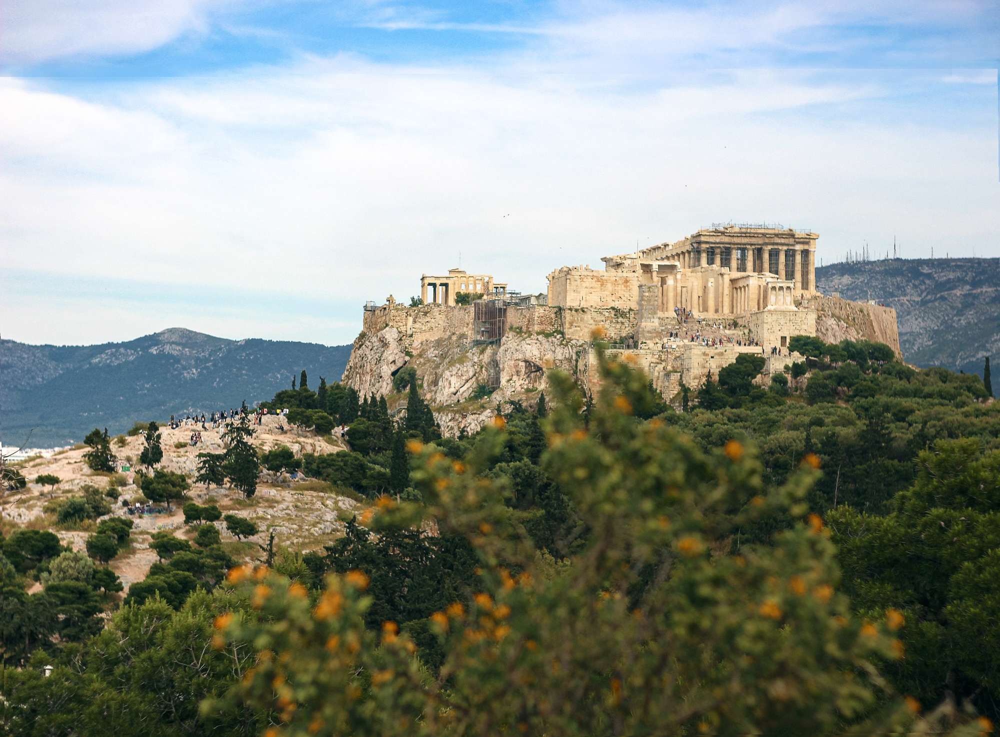 View of Areopagus, a giant hill with marble structure with columns in Athens Greece