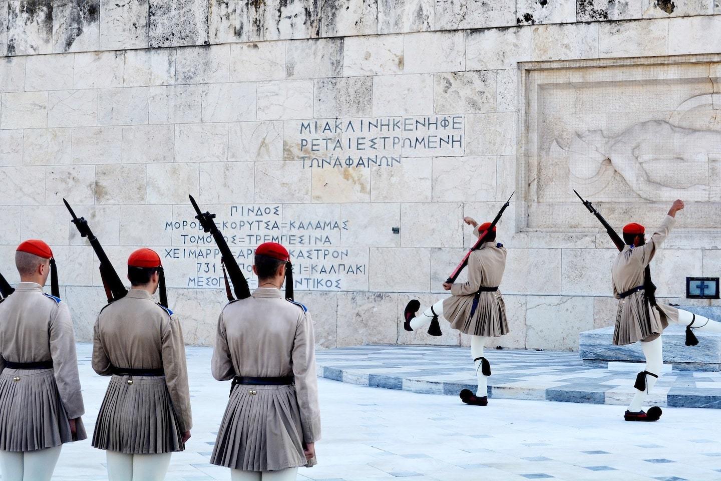 The changing of the guards outside of the Parliament building in Athens Greece