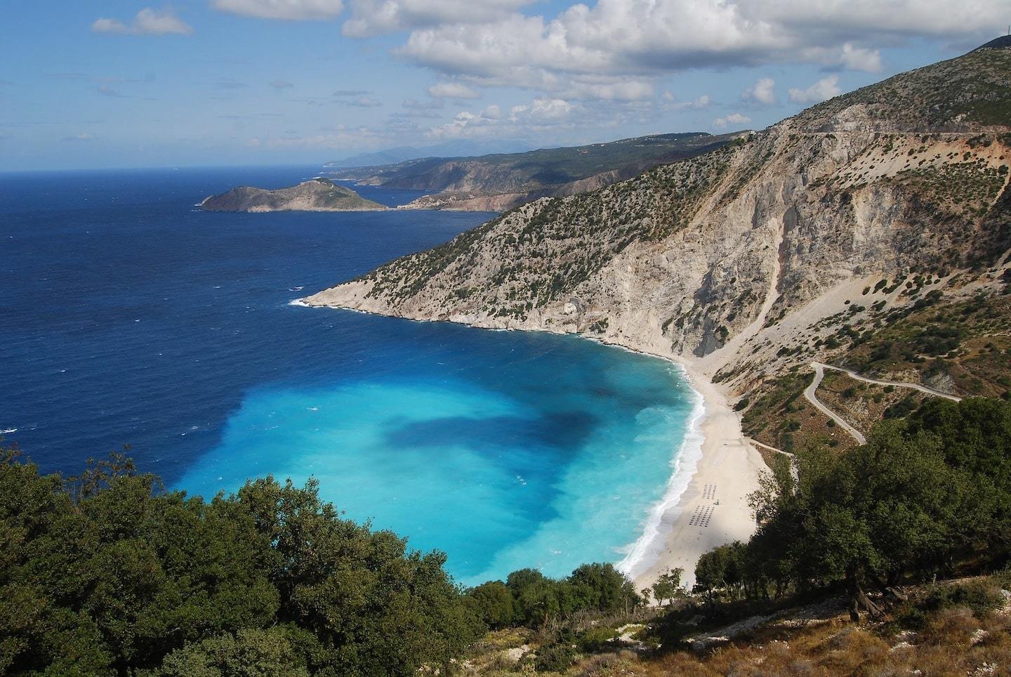 best greek islands to visit: Aerial view of beach in Kefalonia