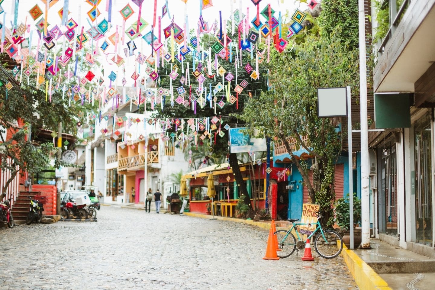 town of sayulita in mexico with colorful canopy