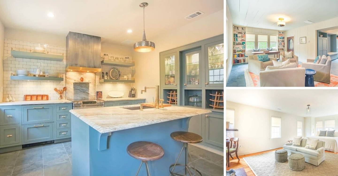 gorgeous renovated carriage house on VRBO with a blue kitchen