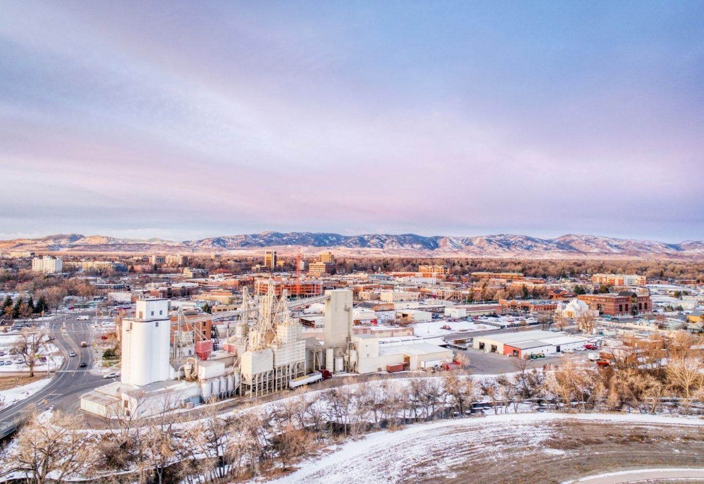 aerial view of fort collins downtown at sunset