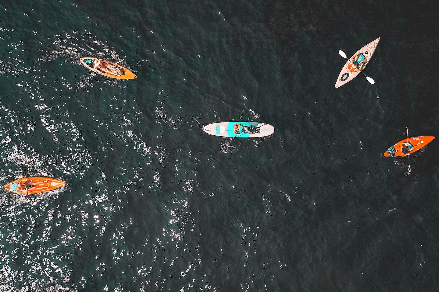 different sea kayaks and stand up paddle boards out on the water