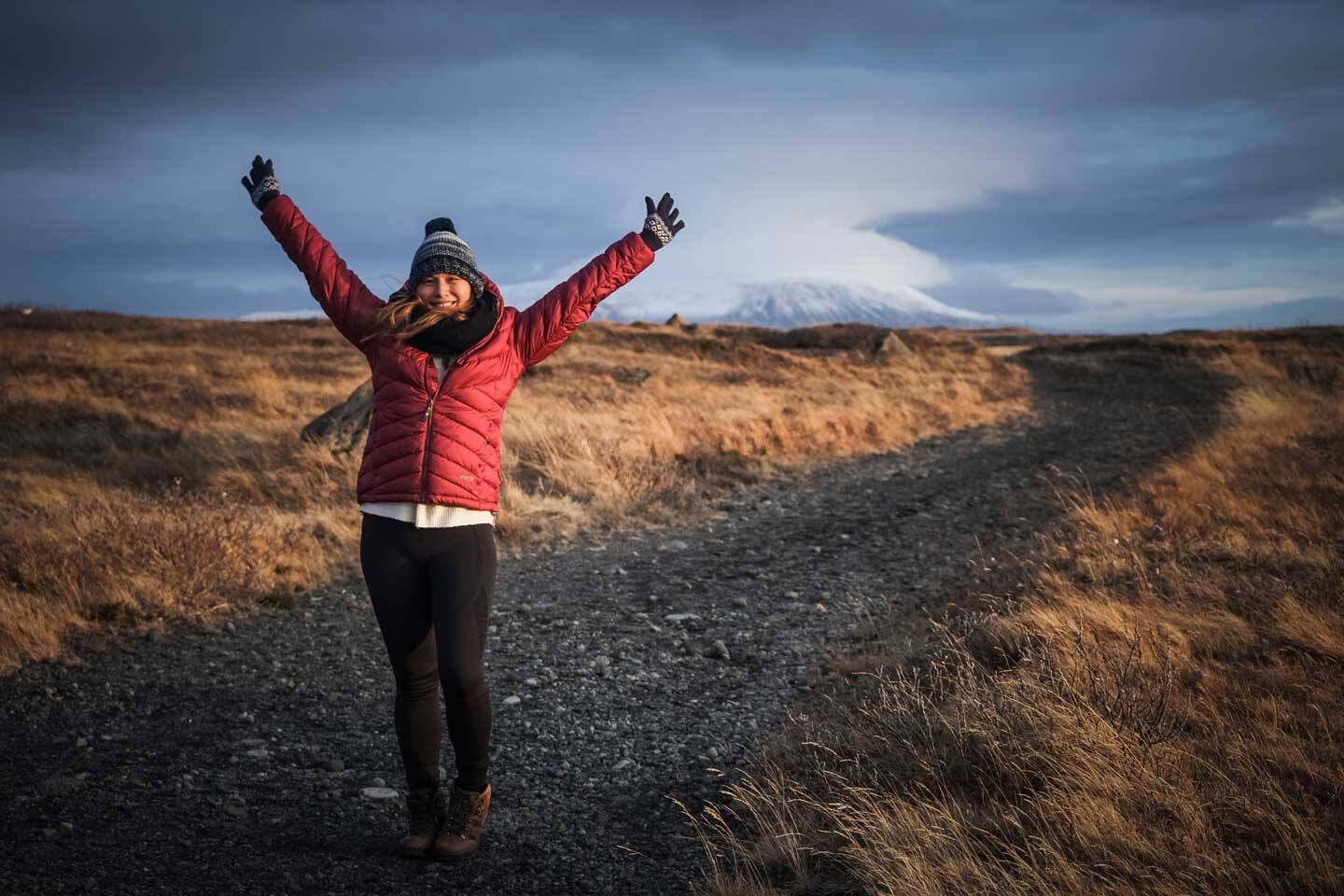 testing out different down jackets in Iceland