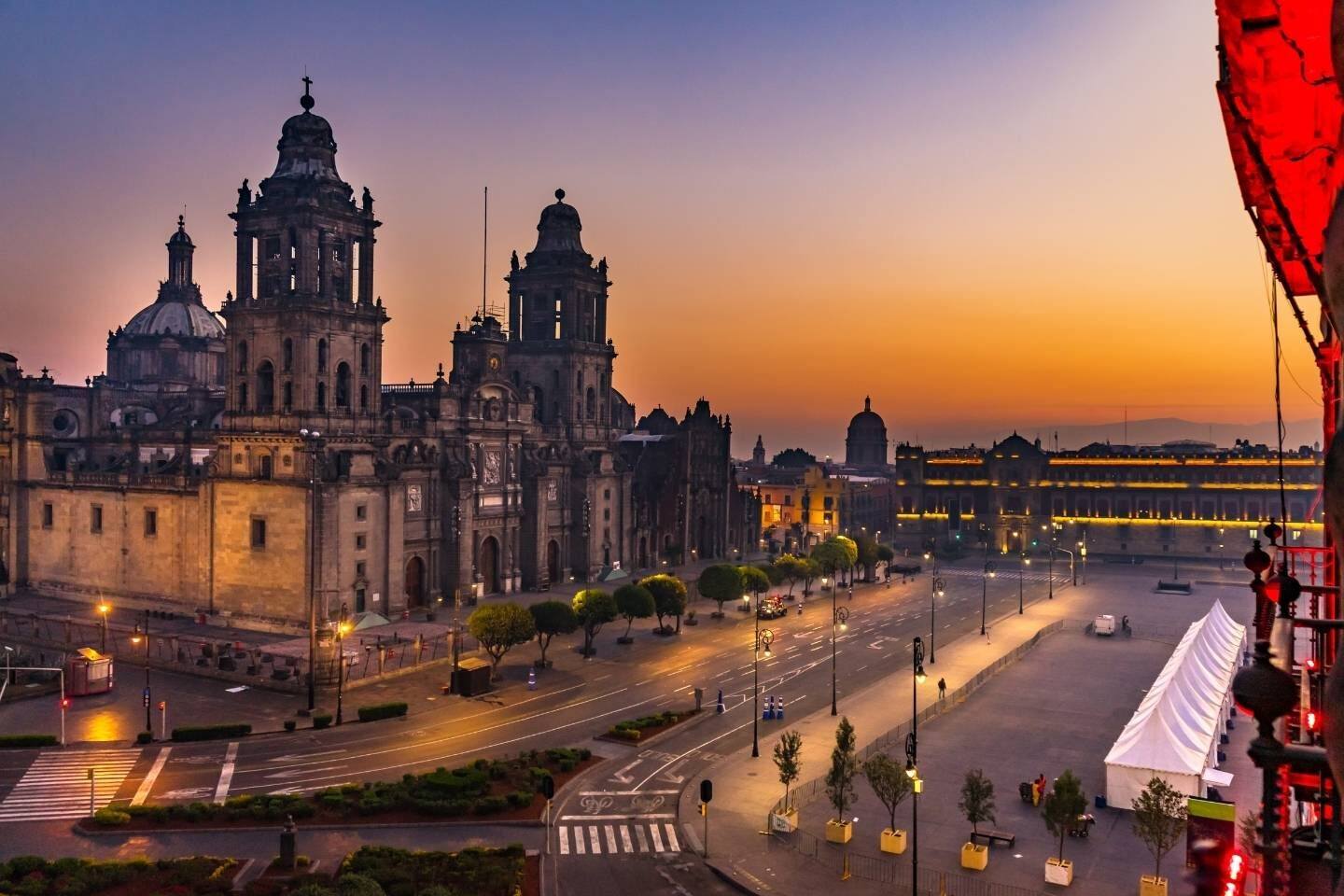 Metropolitan cathedral sunrise Zocalo Mexico City