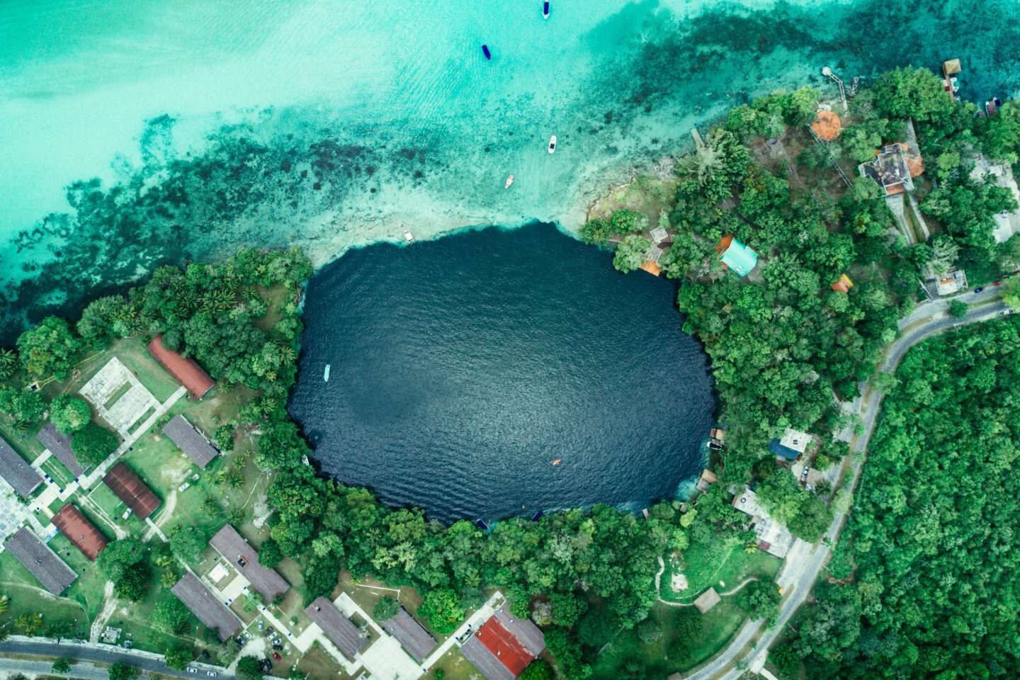 An aerial shot of Cenote Azul Bacalar in Mexico
