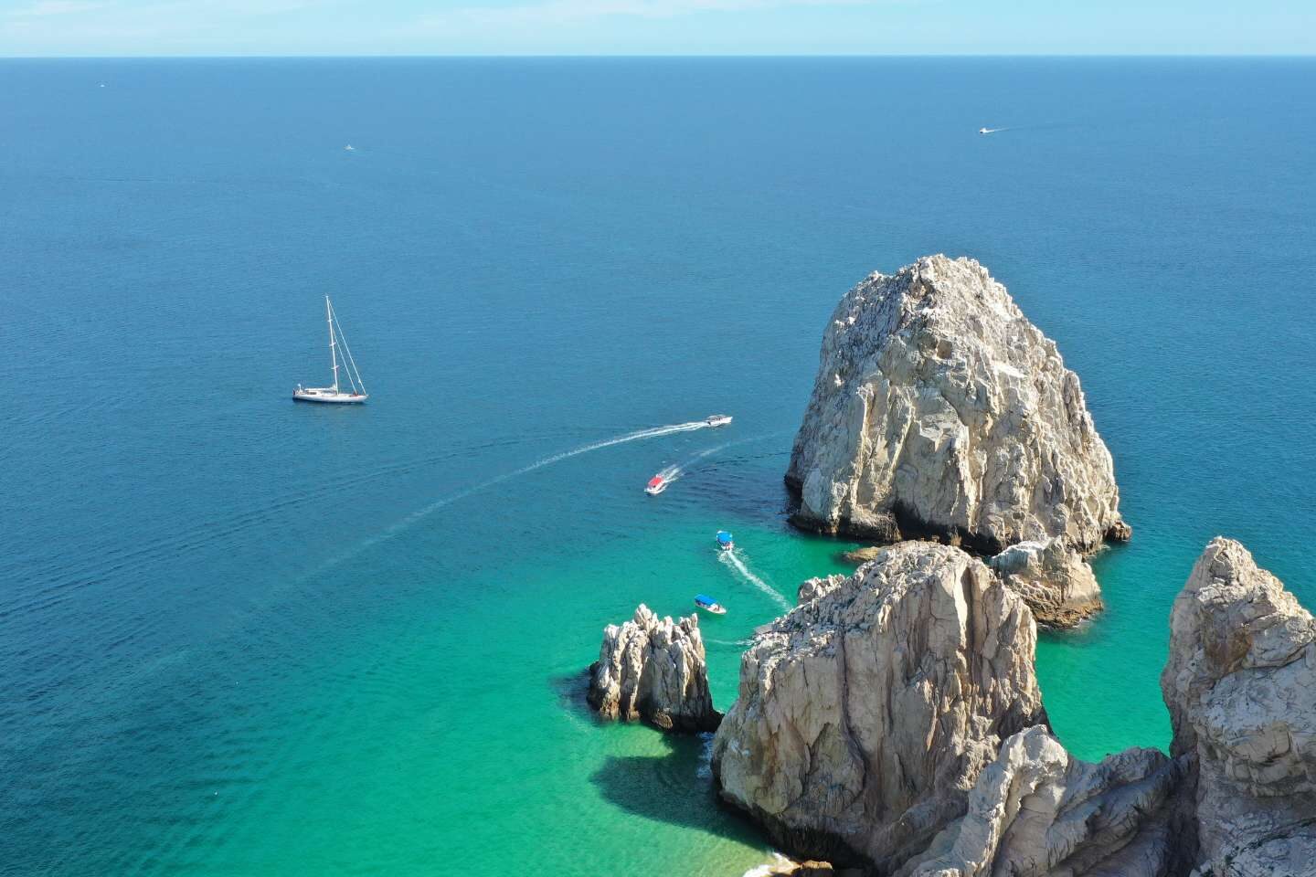 An aerial shot of rock formation in Cabo San Lucas, Mexico