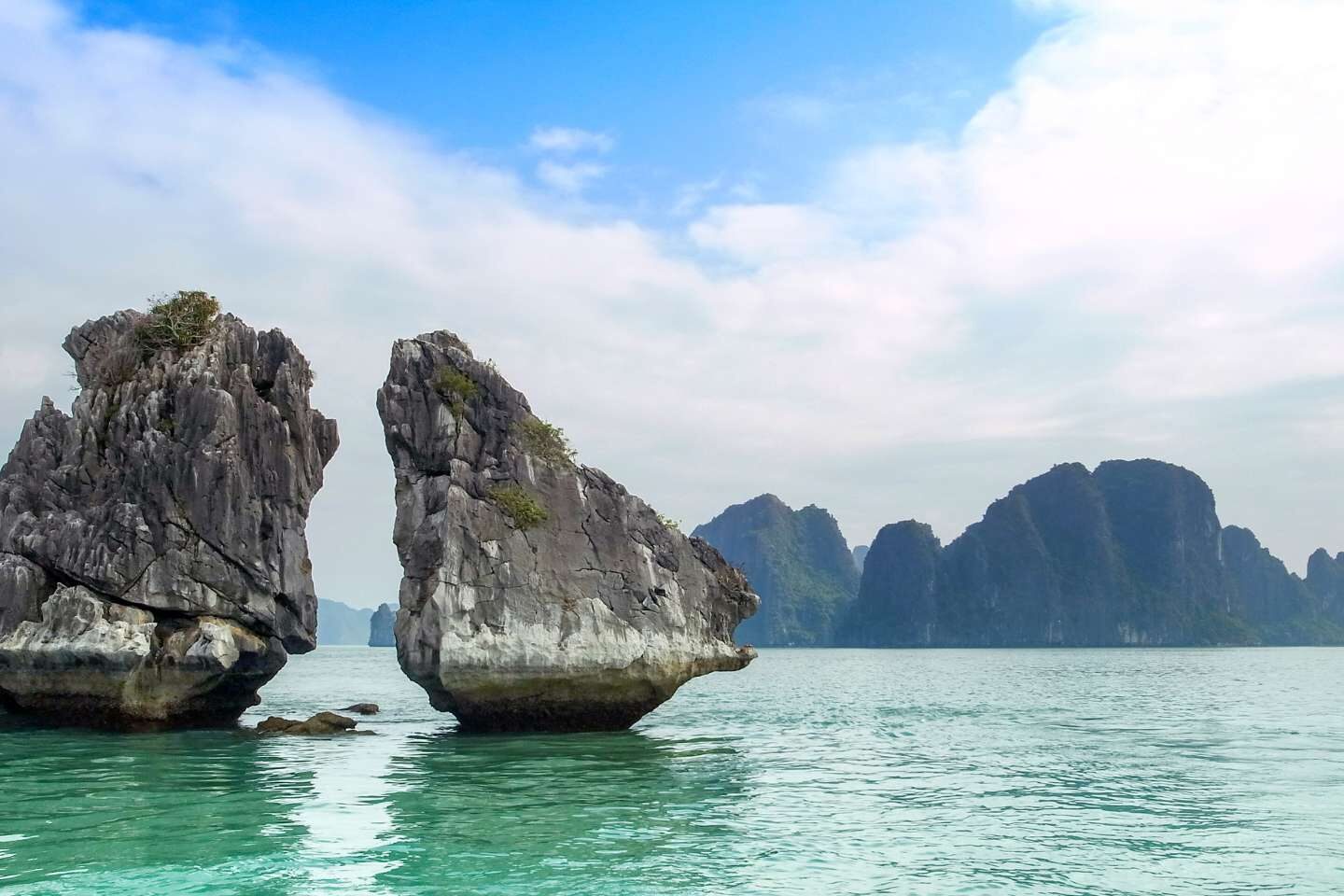 Majestic limestone formation in Ha Long Bay, Vietnam