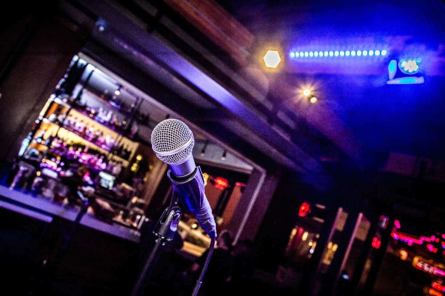 A mic on display at a music hall and bar