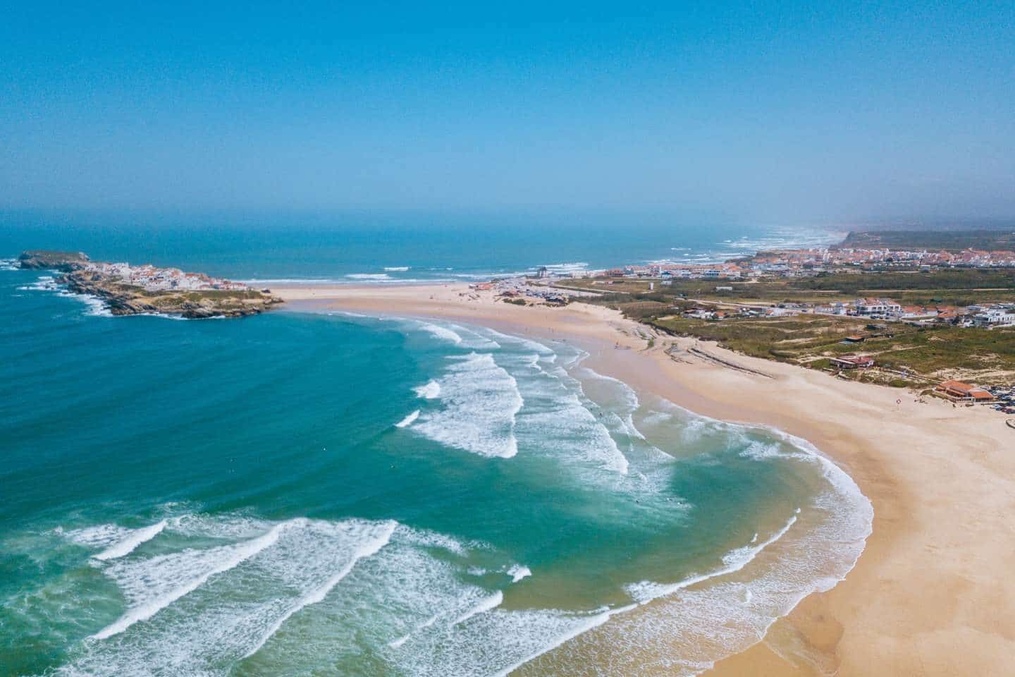 Aerial view of Peniche with big waves