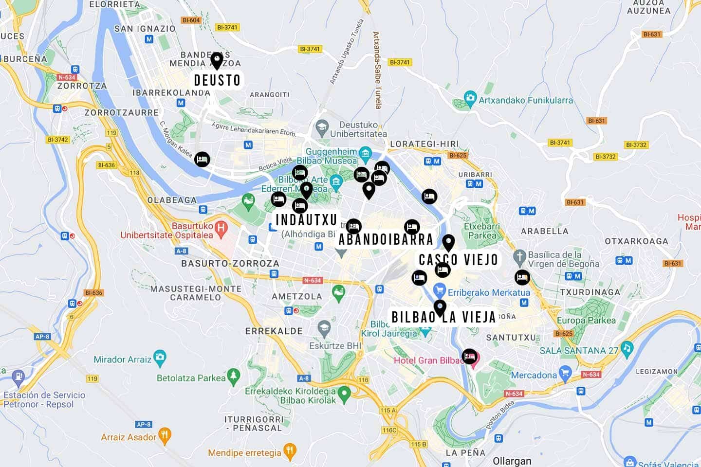 A map of where to stay in Bilbao, Spain